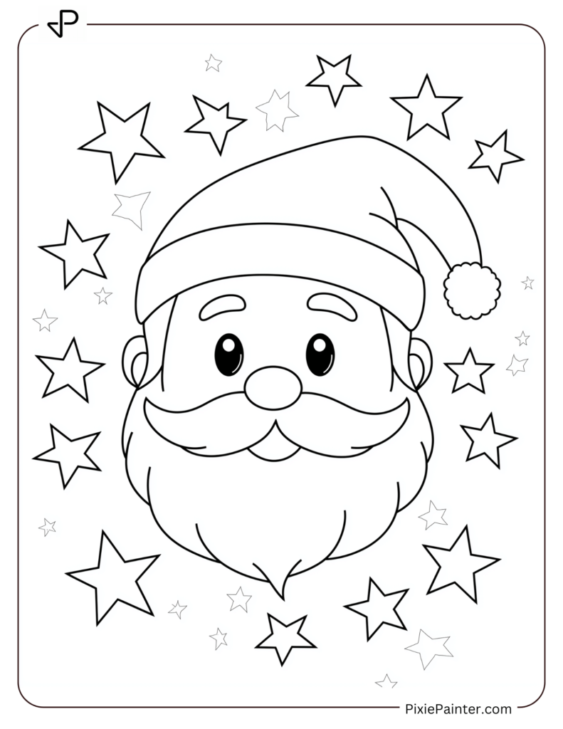 Santa Face Coloring Page Surrounded By Simple Stars