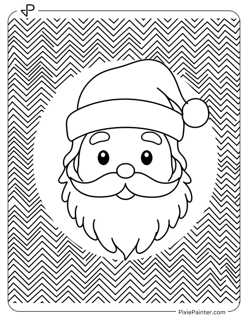 Santa Face Coloring Page Surrounded By Zigzag Patterns