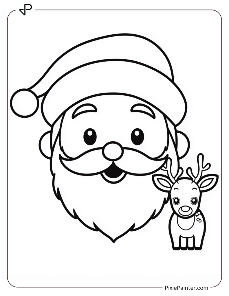 Santa Face Coloring Page With A Reindeer