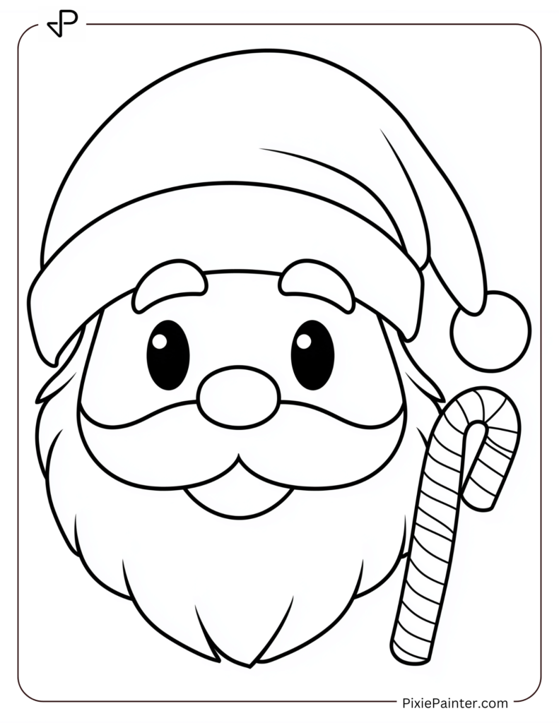 Santa Face Coloring Page With A Single Candy Cane