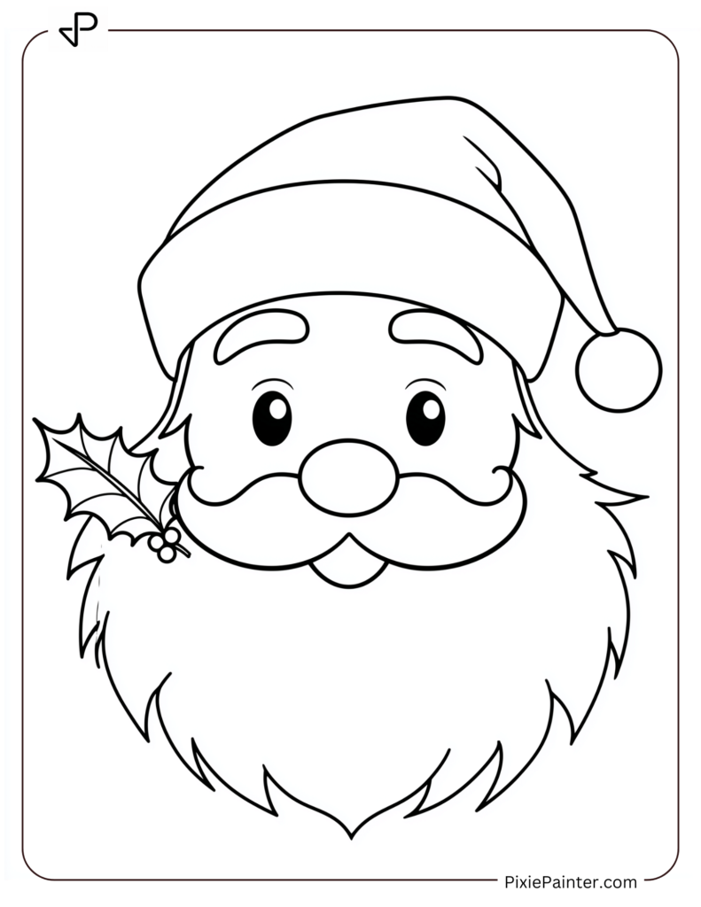 Santa Face Coloring Page With A Single Holly Leaf And Berries