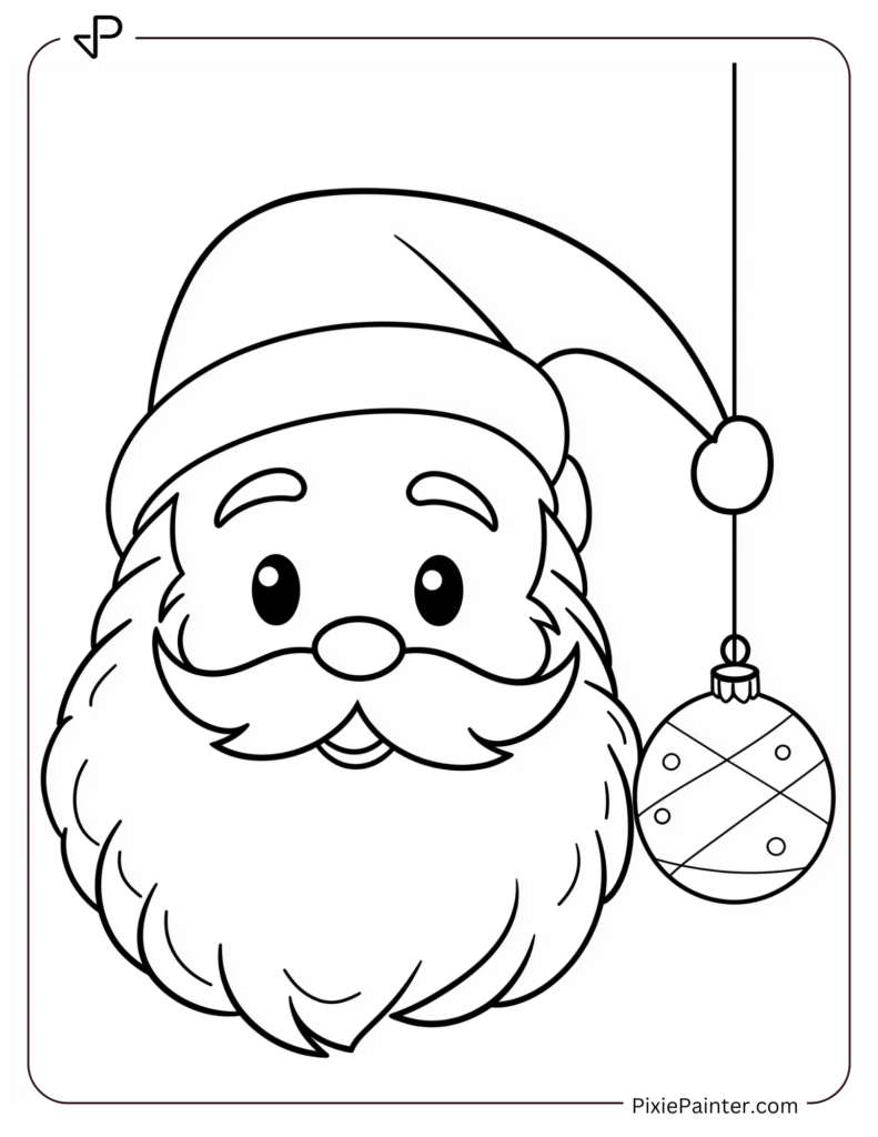 Santa Face Coloring Page With A Single Ornament Hanging Nearby