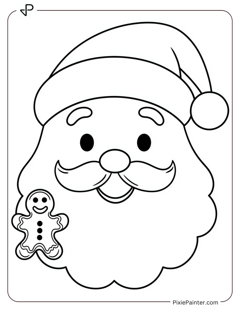 Santa Face Coloring Page With A Small Gingerbread Man