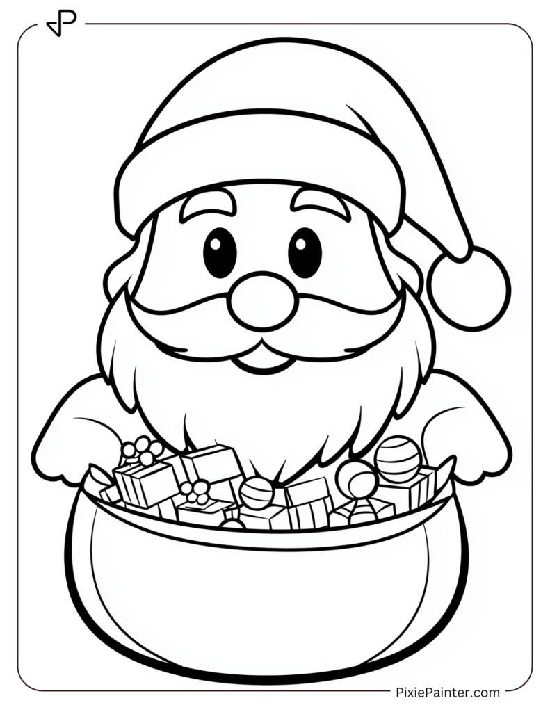 Santa Face Coloring Page With A Small Sack Of Toys