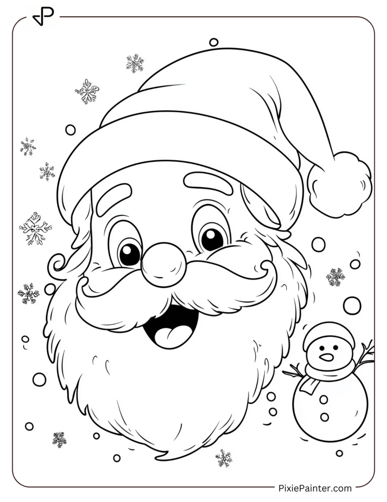 Santa Face Coloring Page With A Snowman In The Corner