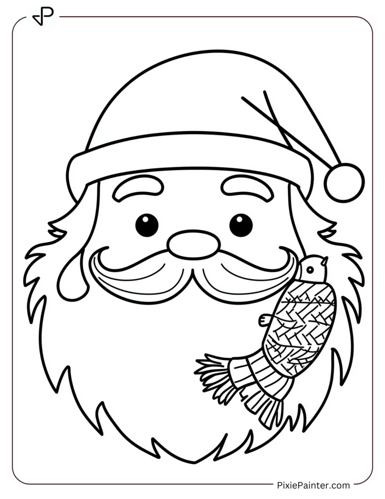 Santa Face Coloring Page With A Tiny Bird Wearing A Scarf