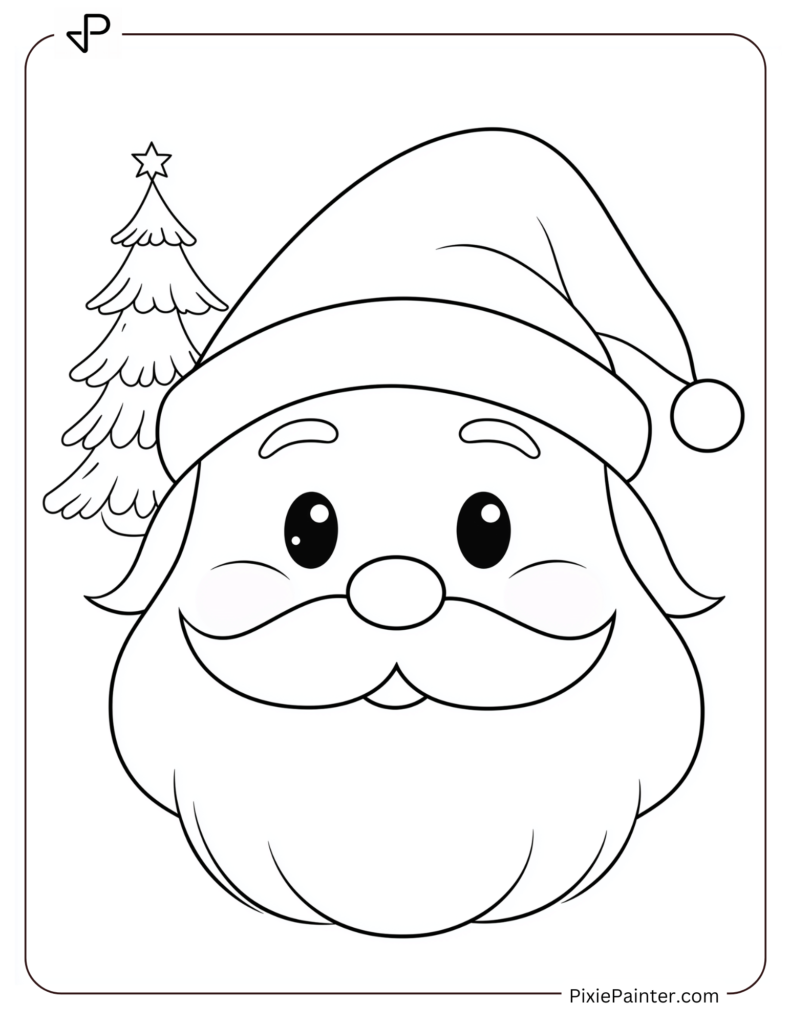 Santa Face Coloring Page With A Tiny Christmas Tree