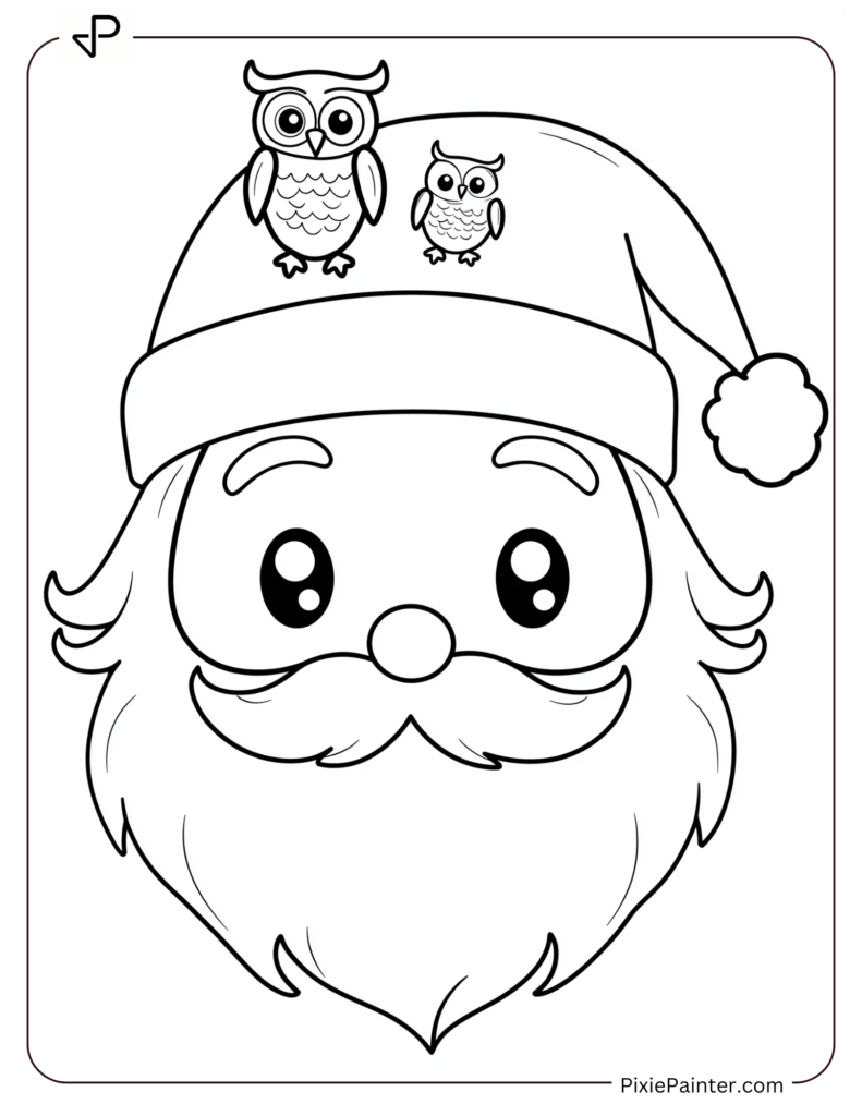 Santa Face Coloring Page With A Tiny Owl On His Hat