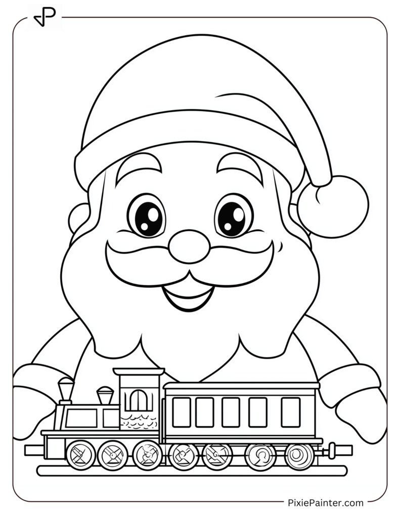 Santa Face Coloring Page With A Toy Train