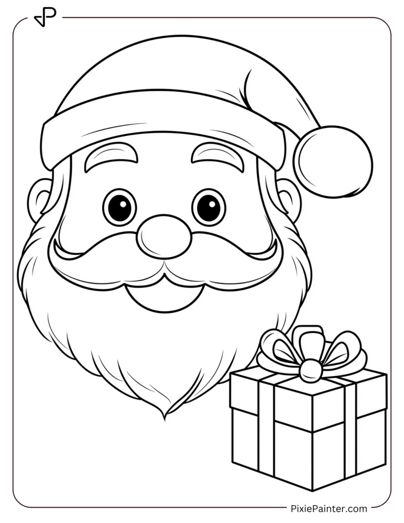 Santa Face Coloring Page With A Wrapped Gift Box