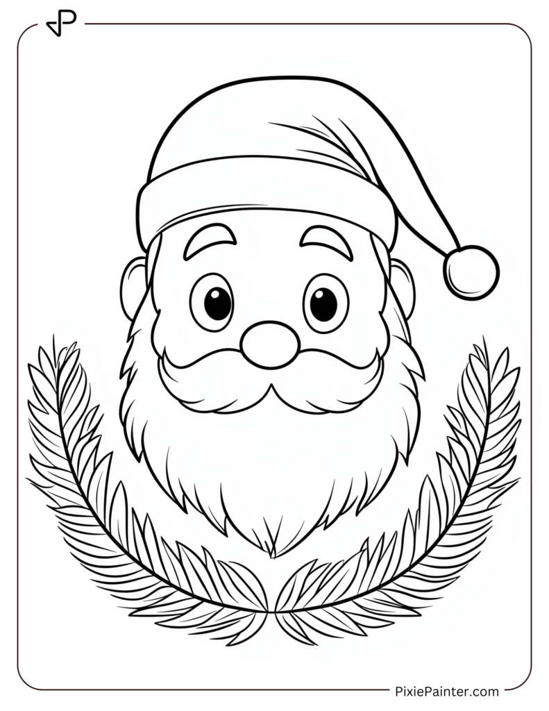 Santa Face Coloring Page With A Wreath Outline Around Him