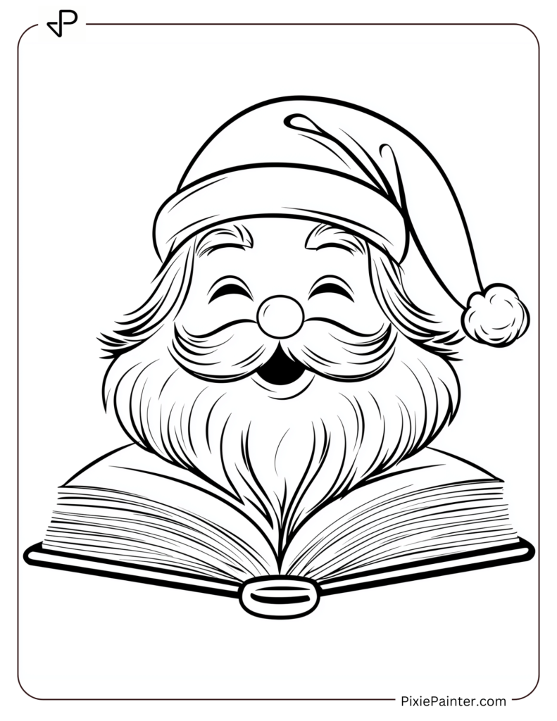 Santa Face Coloring Page With An Open Book