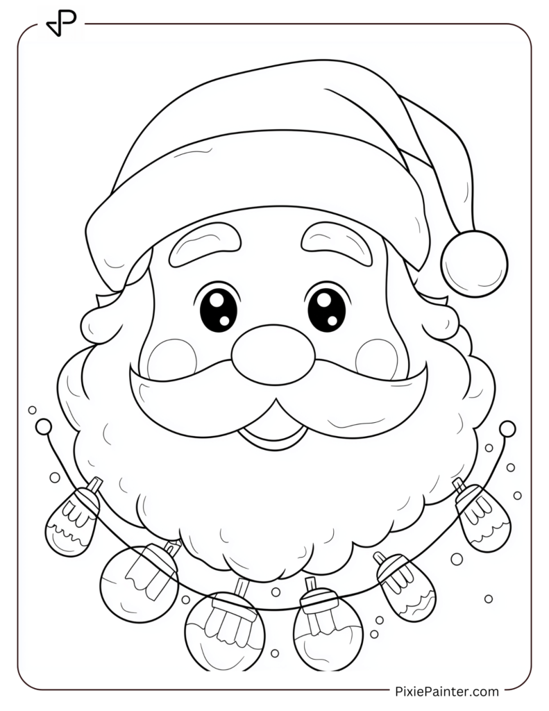 Santa Face Coloring Page With An Outline Of Christmas Lights