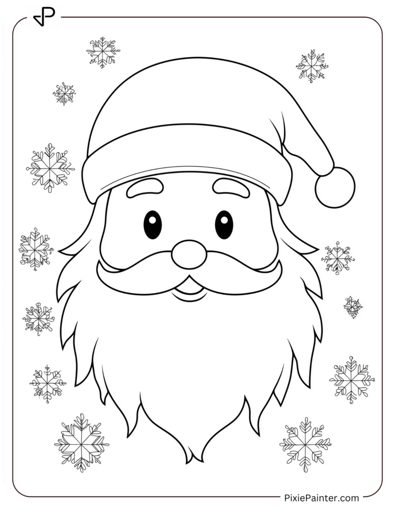 Santa Face Coloring Page With Simple Snowflakes