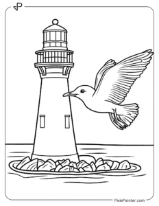 Seagull Flying Near a Lighthouse