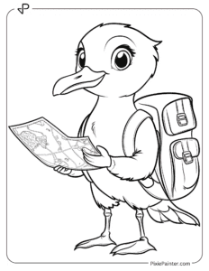 Seagull Holding a Map and Wearing a Backpack