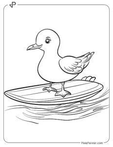 Seagull Riding on a Surfboard