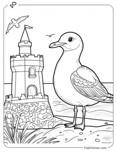 Seagull Standing Near a Sandcastle