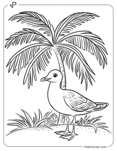 Seagull Standing Under a Palm Tree