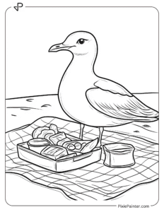 Seagull on a Picnic Blanket With Snacks