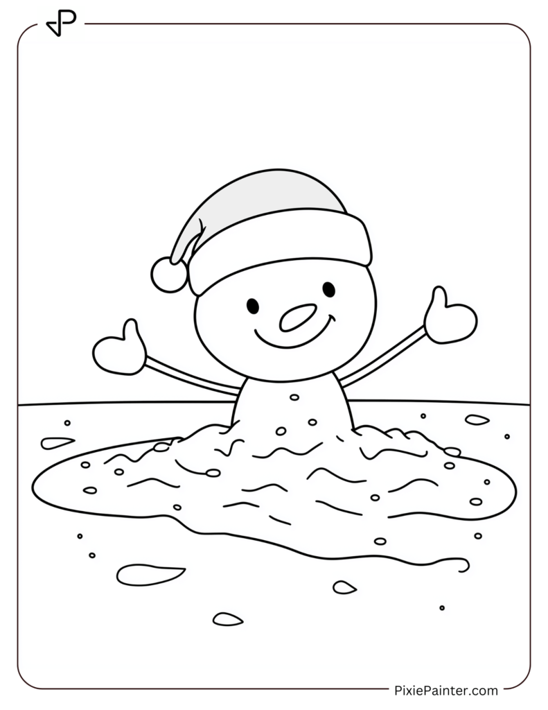 Disney christmas coloring page where Stitch making a snow angel on a sandy beach with a Santa hat