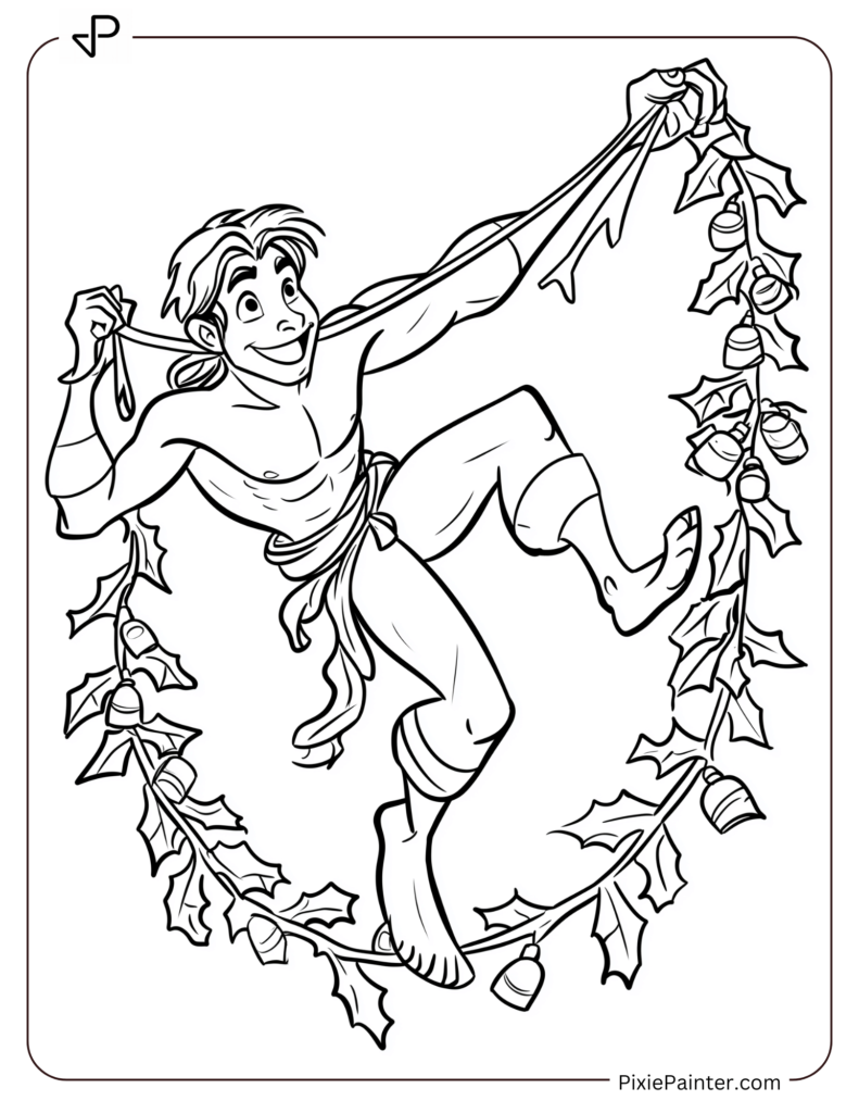 Disney christmas coloring page where Tarzan swinging on a vine holding a garland of Christmas lights