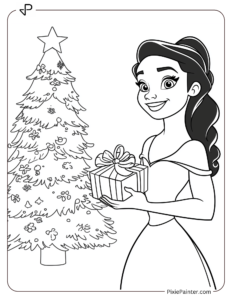 Tiana Holding A Christmas Gift Beside A Tree With A Bright Smile