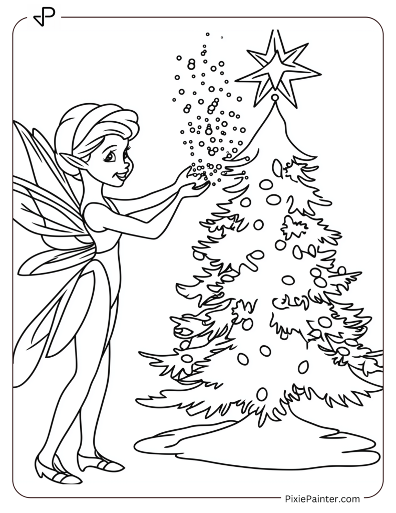 Disney christmas coloring page where Tinker Bell sprinkling Christmas pixie dust over a tree