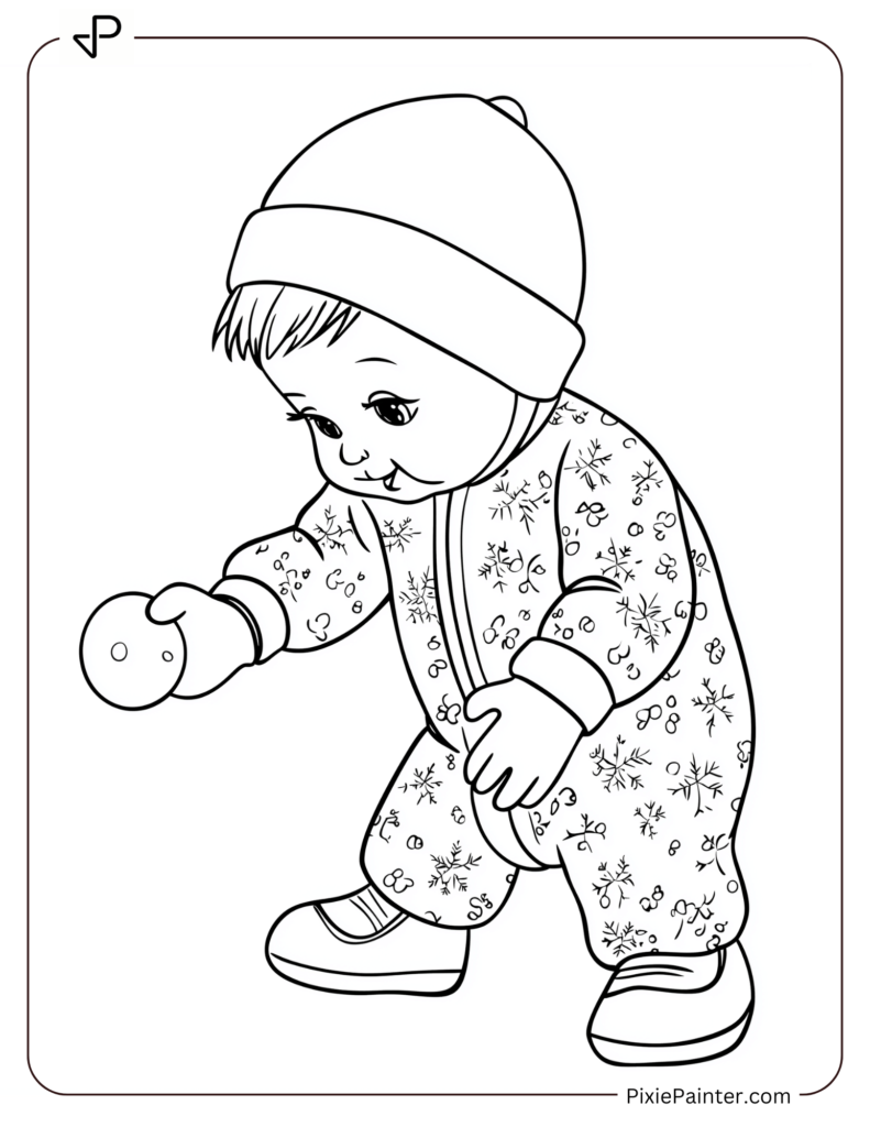 Toddler In A Winter Onesie And Mittens.