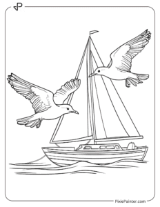 Two Seagull Flying Over a Sailboat