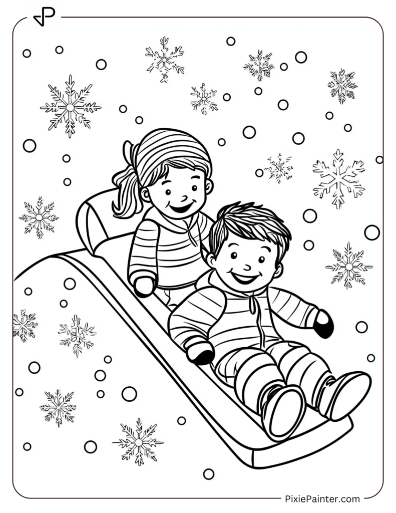 Two Kids Sledding Down A Small Hill.