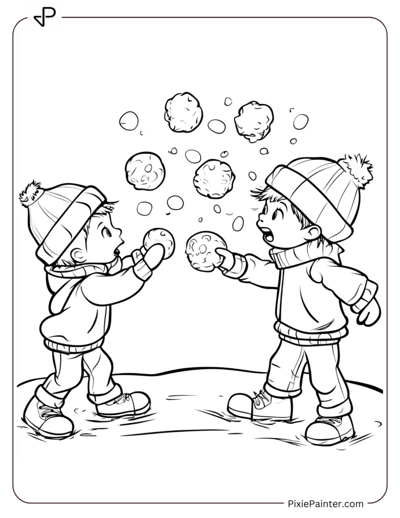 Two Kids Wearing Winter Hats Throwing Snowballs.