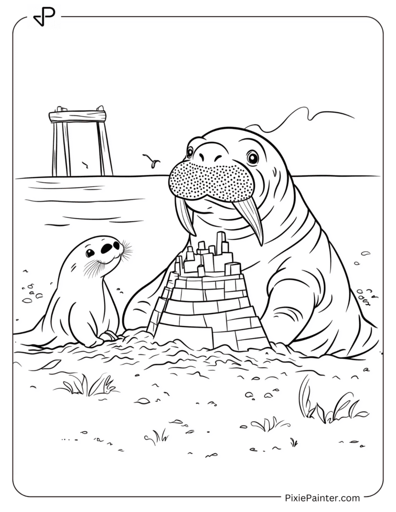 Walrus Building a Sandcastle With a Sea Otter