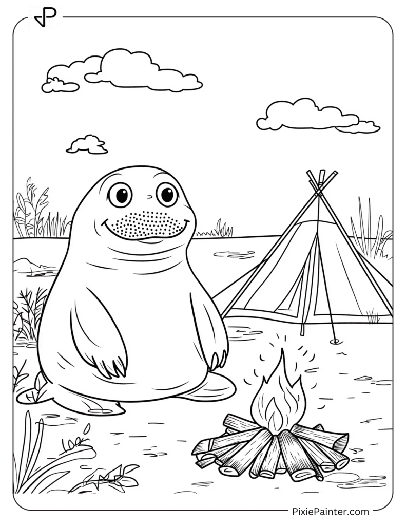 Walrus Camping With a Tent and a Bonfire