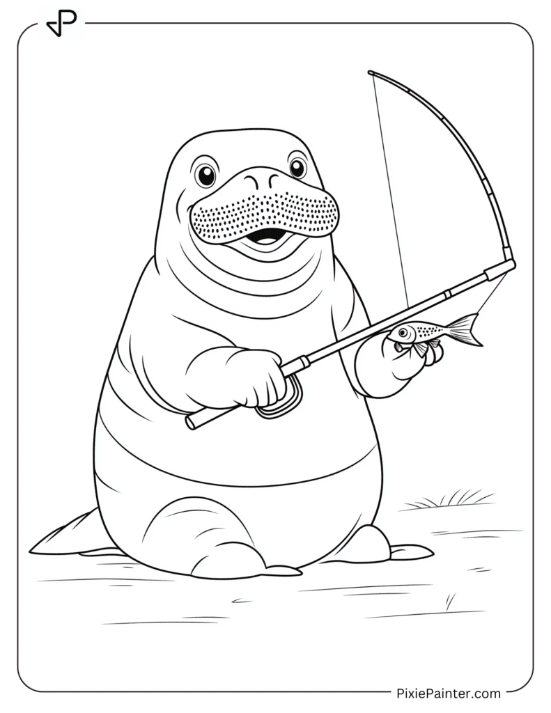 Walrus Holding a Fishing Rod With a Small Fish Caught