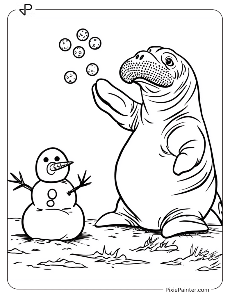 Walrus Playing With Snowballs Beside a Snowman