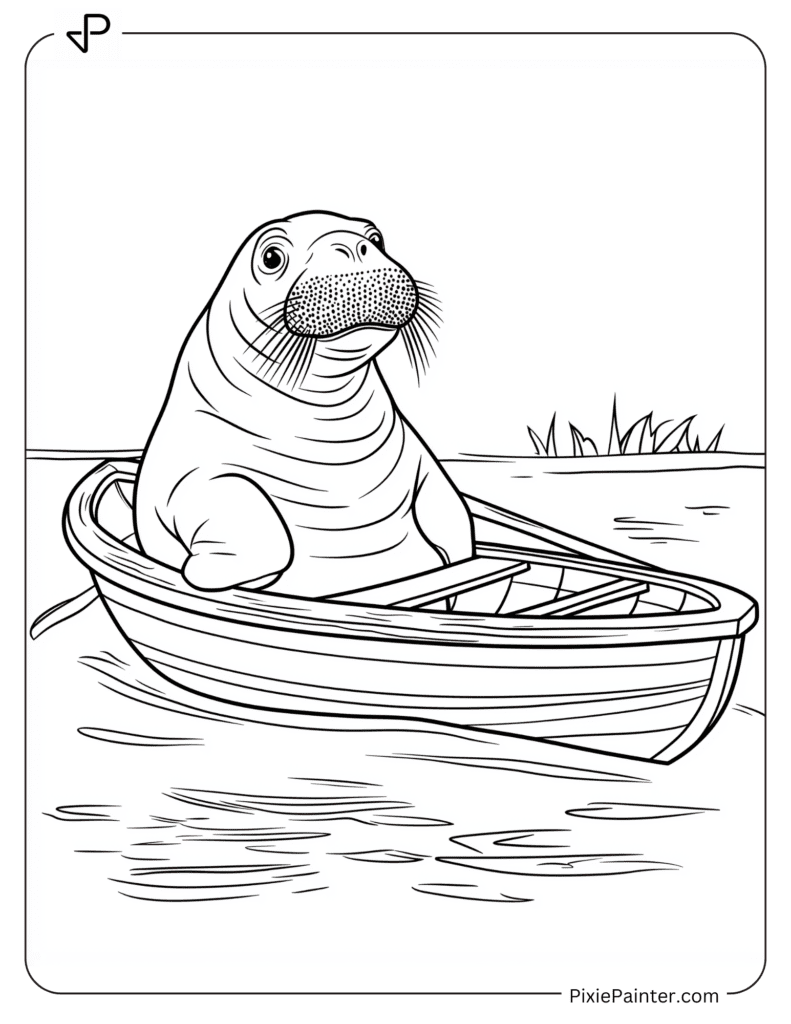 Walrus Sitting in a Rowboat on a Lake