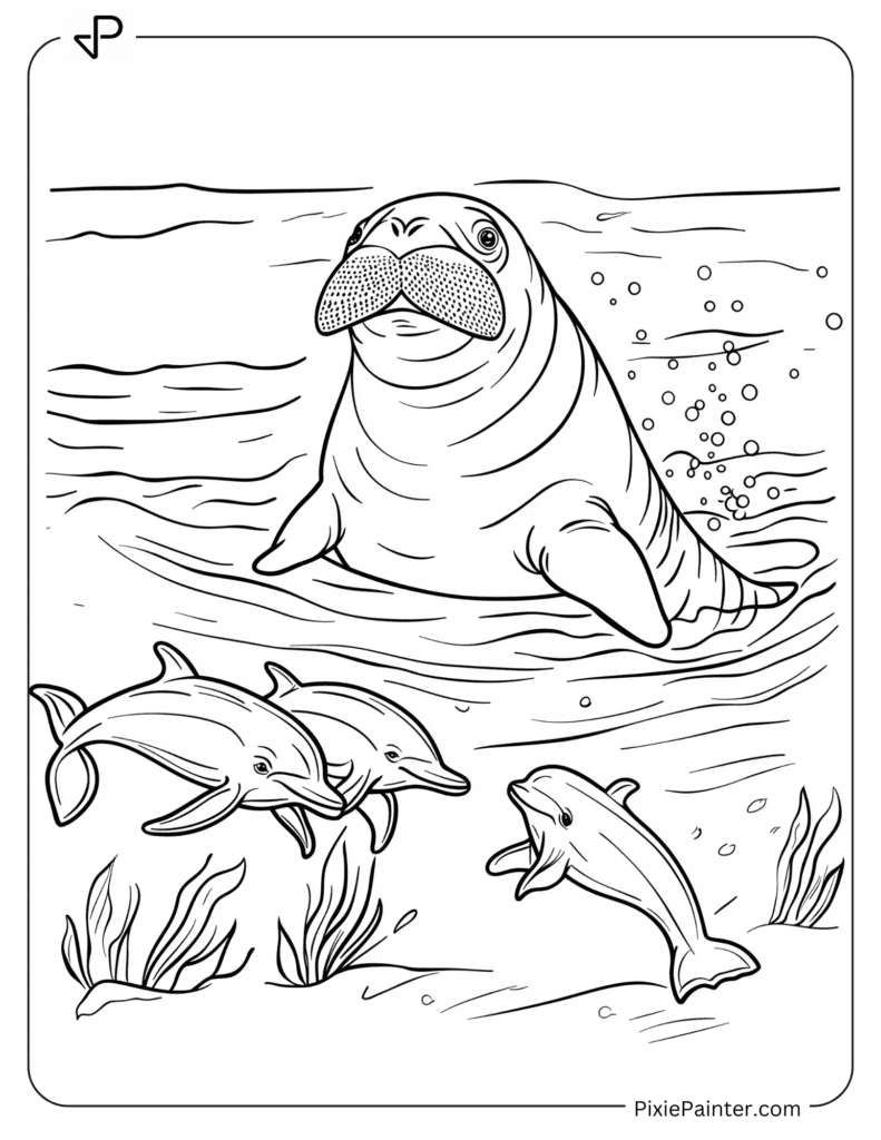 Walrus Swimming With Dolphins