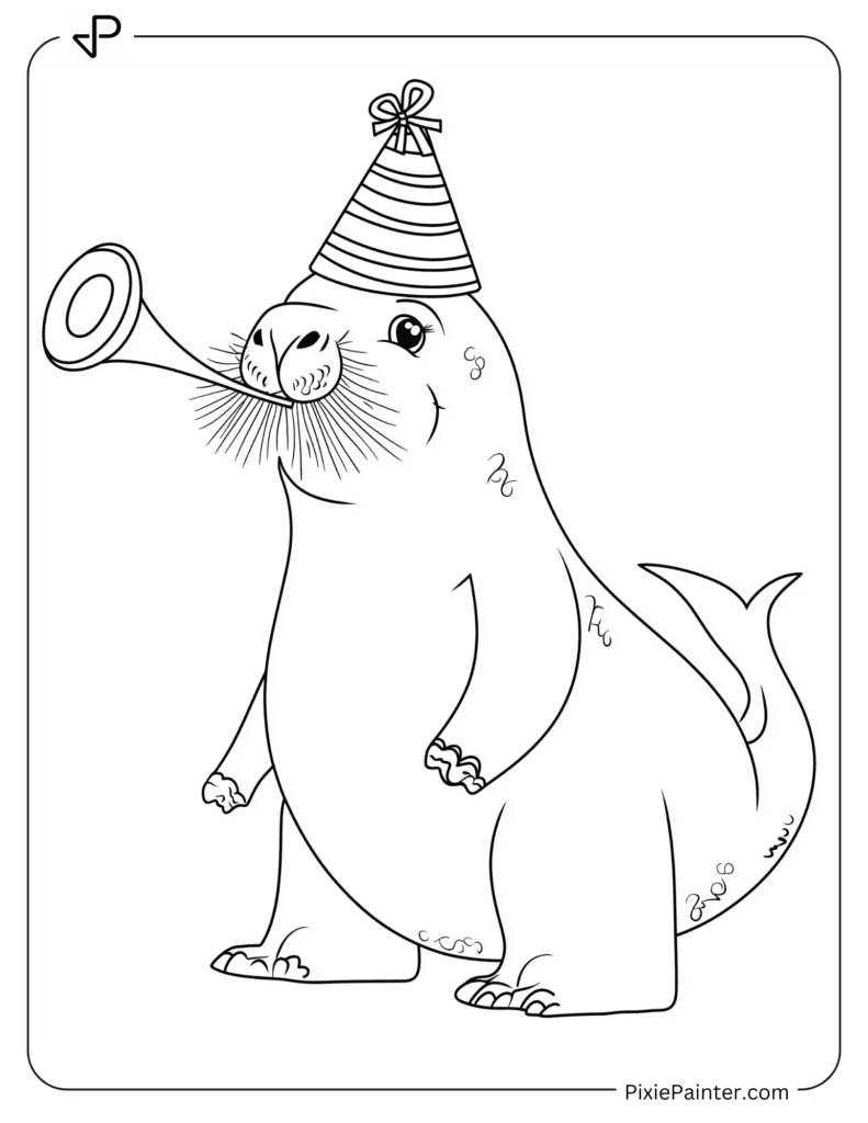 Walrus Wearing a Party Hat and Blowing a Party Horn