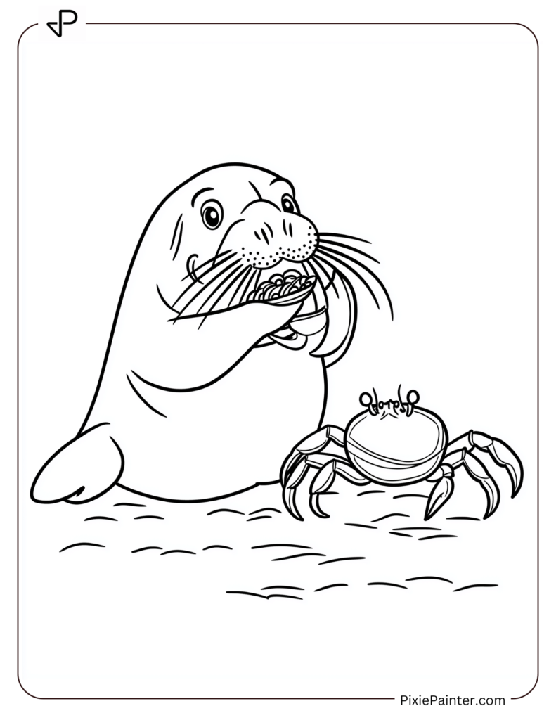 Walrus and a Crab Sharing a Snack