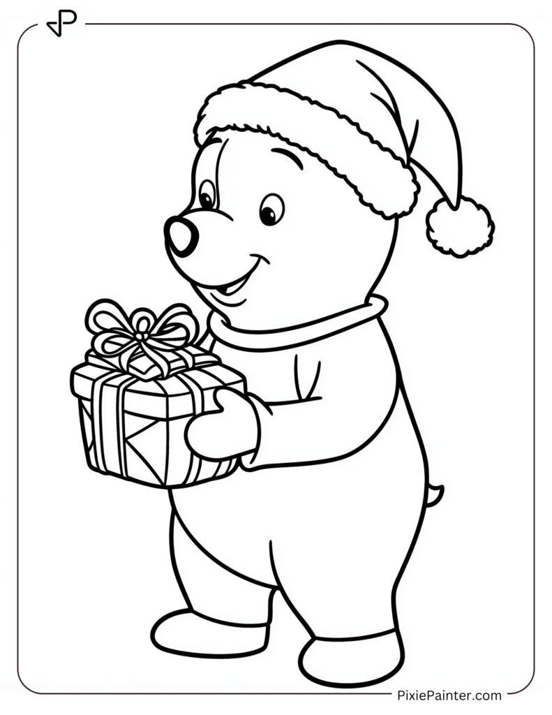 Disney christmas coloring page where Winnie the Pooh wearing a Santa hat and holding a gift