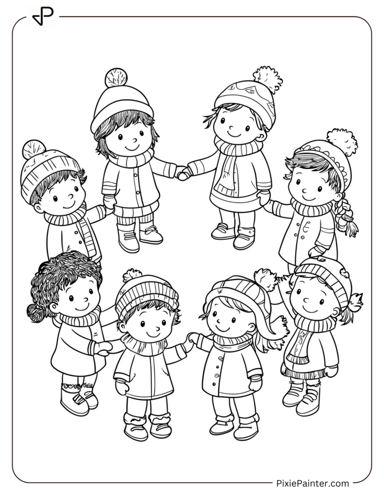 Group Of Kids In Winter Clothes Holding Hands In A Circle.