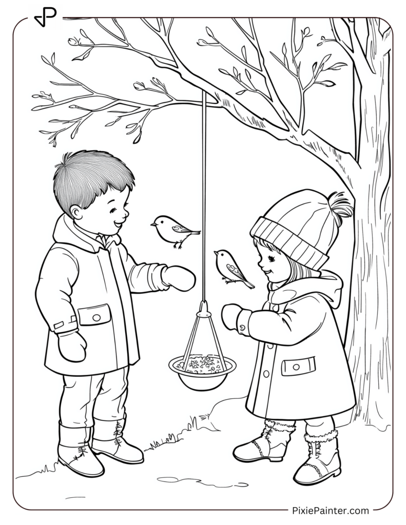 Boy And Girl In Winter Clothes Feeding Birds.