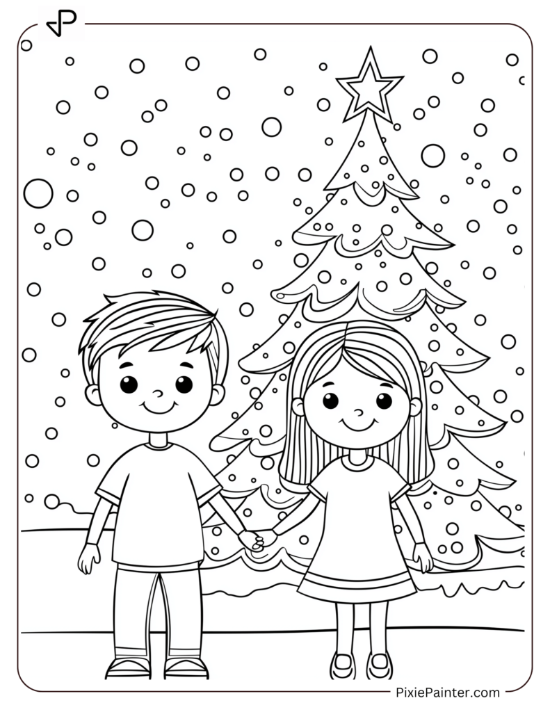 Boy And Girl Standing In Front Of A Simple Christmas Tree.