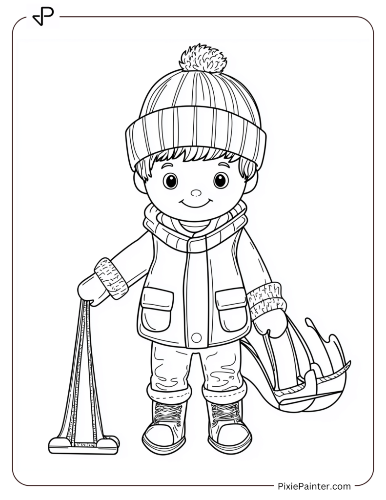 Boy Wearing A Beanie And Boots, Holding A Sled.