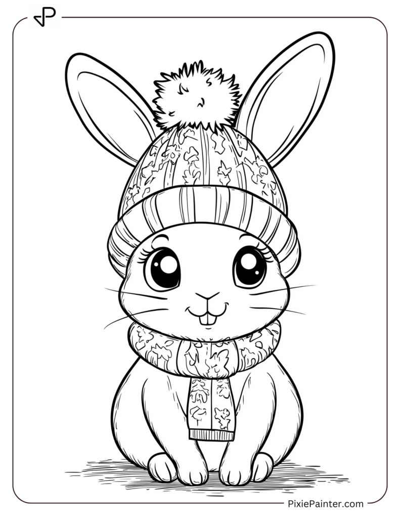 Bunny Wearing A Winter Hat With A Pom-Pom.