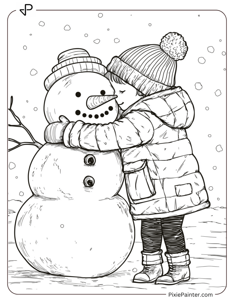 Child In A Warm Jacket Hugging A Snowman.