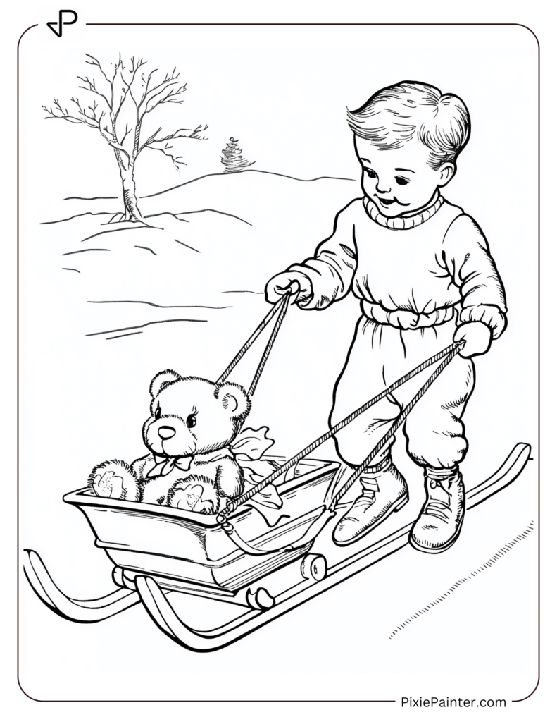 Child Pulling A Sled With A Stuffed Animal On It.