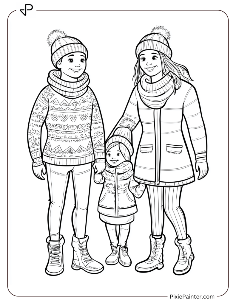 Family Of Three Wearing Cozy Winter Clothing.