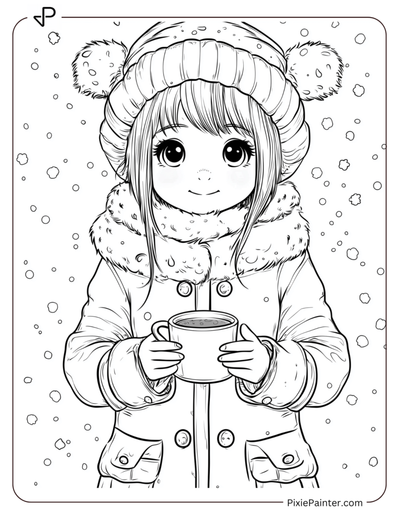 Girl In A Winter Coat Holding A Cup Of Hot Cocoa.